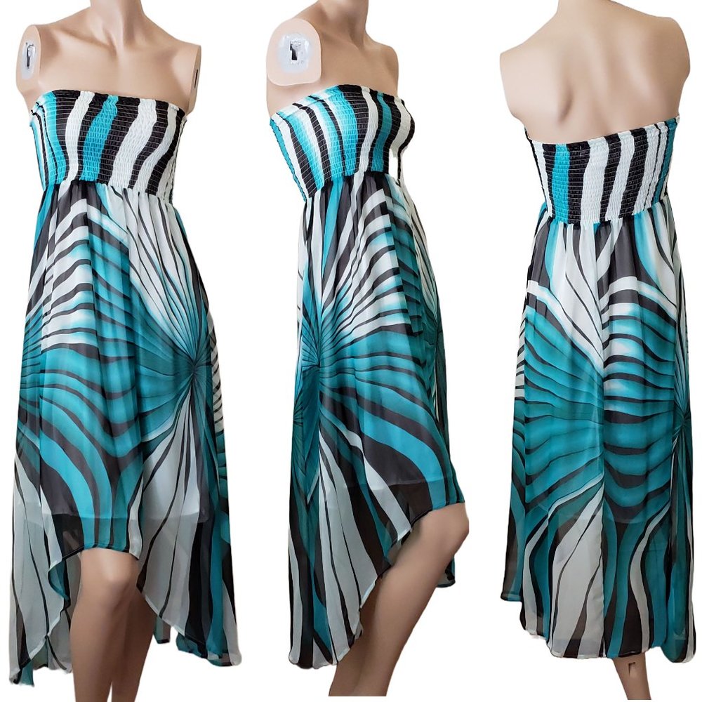 Myth NYC Smocked Strapless Hi-Low Chiffon Dress SZ M Blue Black